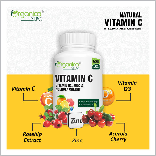 Natural Vitamin C with Acerola Cherry,Rosehip Extract - 60 Capsules