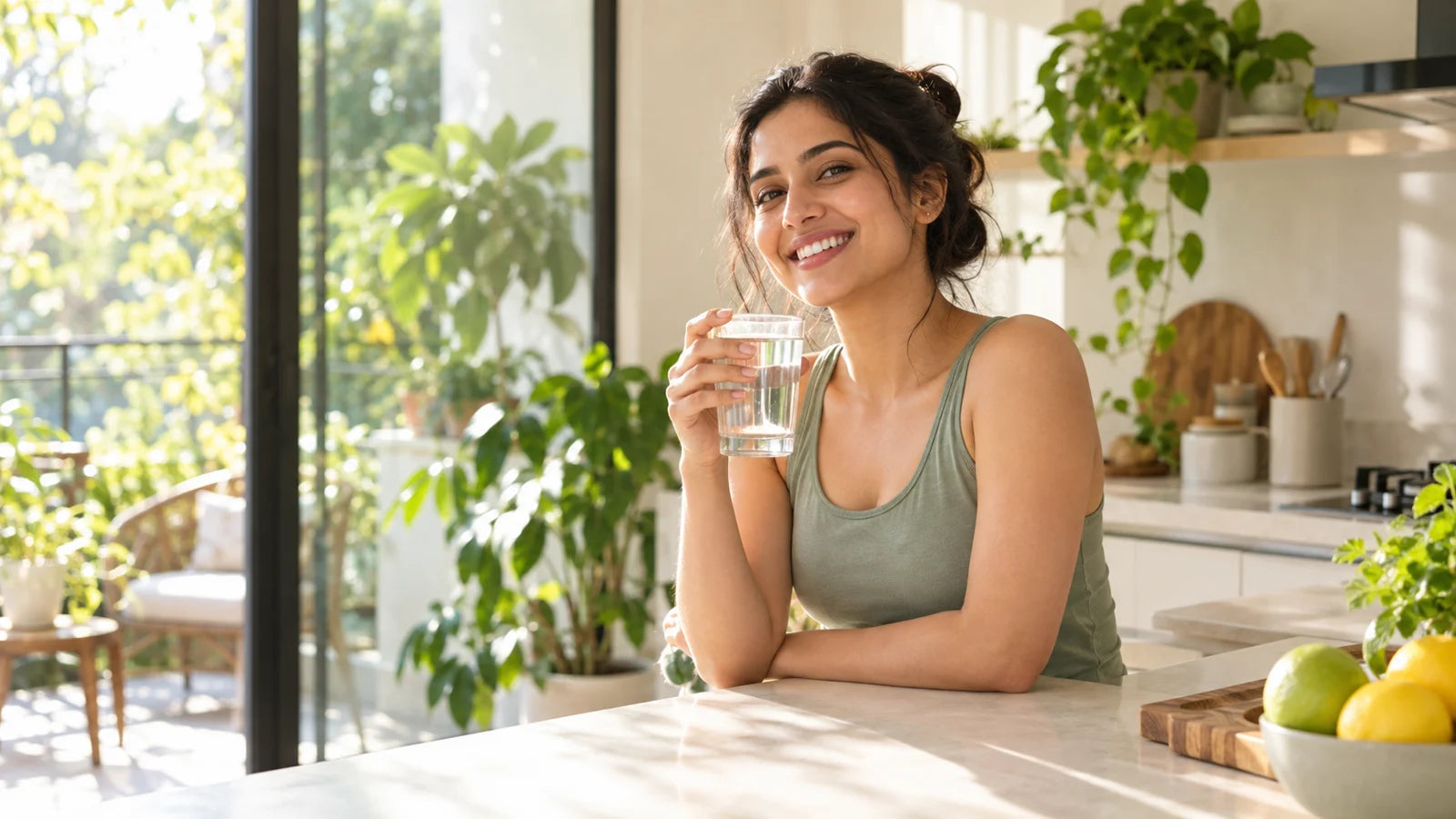 A relaxed morning wellness routine with a glass of water