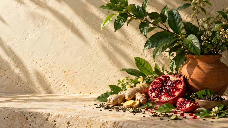 Green botanicals, pomegranate and ginger on natural stone